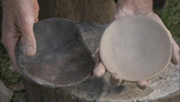 Comparison of the archaeological artifact on the left and the lamp produced by experiment on the right (still frame capture)