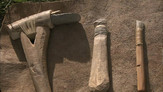 Stone tools used for this experiment: (left to right) adze, scraper and chisel (still frame capture)